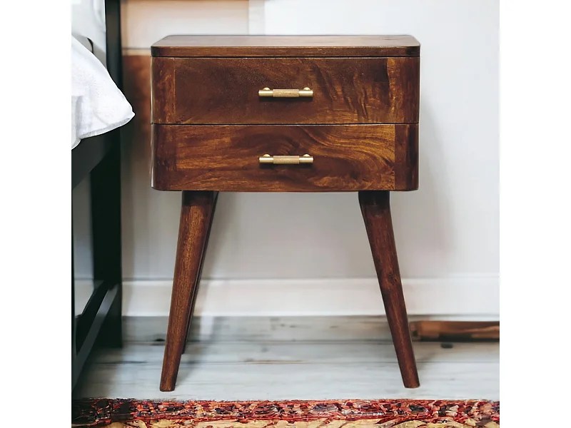 Artisan Furniture Mesita de noche nórdica con barra en T de madera maciza color castaño