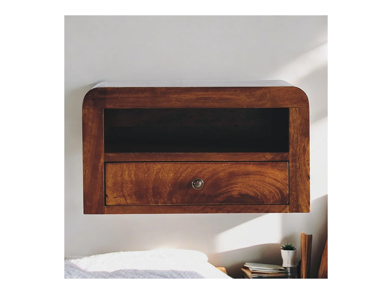 Artisan Furniture Zwaar wandgemonteerd nachtkastje met 1 lade van massief kastanjehout