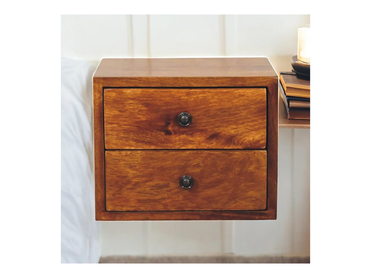 Artisan Furniture Table de nuit murale Solis 2 tiroirs en bois massif finition châtaignier