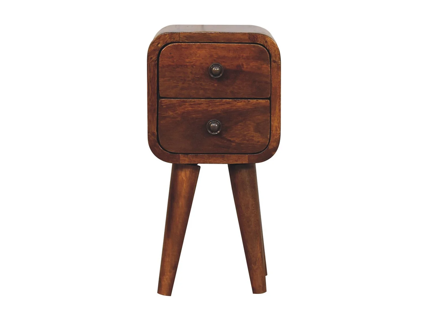 Ekstra Mini buet nattbord i kastanjetre fra Artisan Furniture, 2 skuffer, mørkebrunt