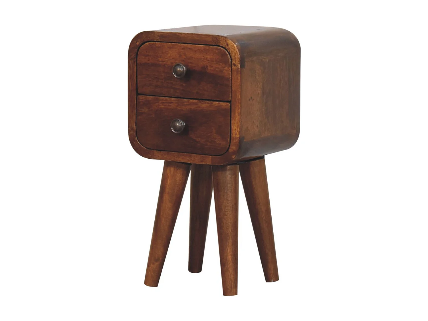 Ekstra Mini buet nattbord i kastanjetre fra Artisan Furniture, 2 skuffer, mørkebrunt