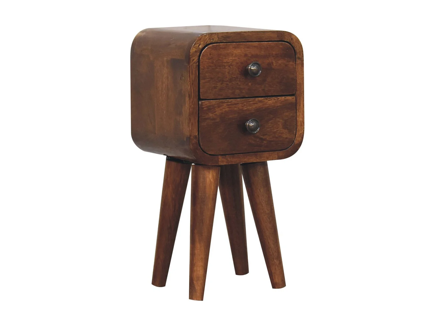 Ekstra Mini buet nattbord i kastanjetre fra Artisan Furniture, 2 skuffer, mørkebrunt
