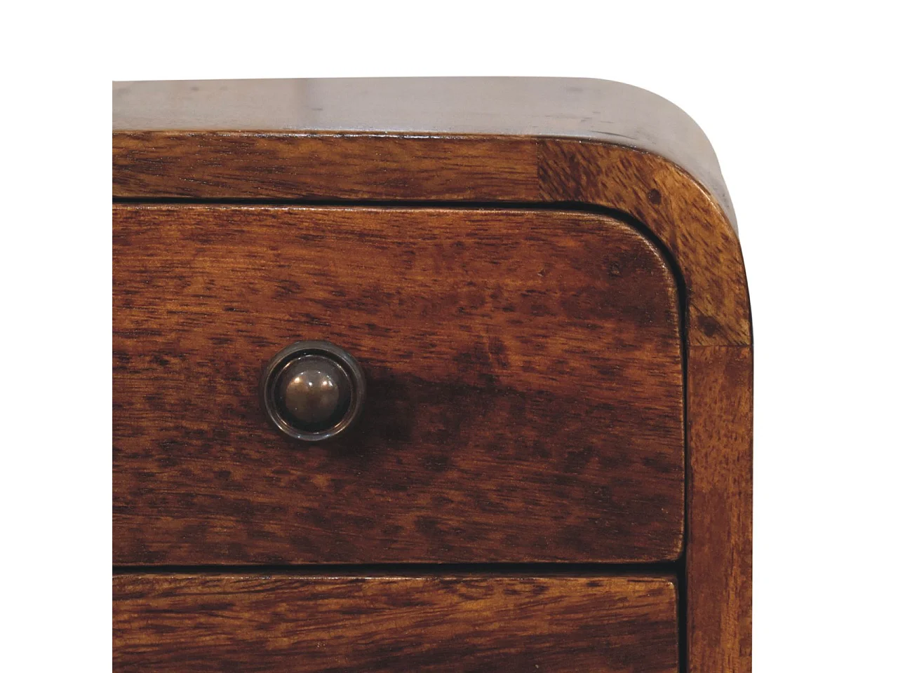 Ekstra Mini buet nattbord i kastanjetre fra Artisan Furniture, 2 skuffer, mørkebrunt