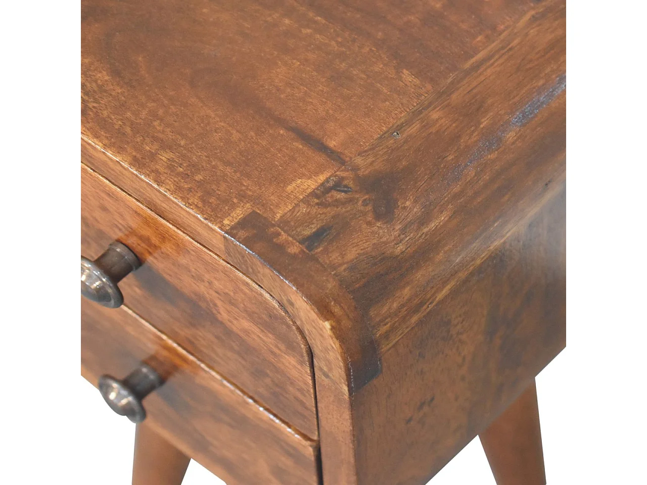 Ekstra Mini buet nattbord i kastanjetre fra Artisan Furniture, 2 skuffer, mørkebrunt