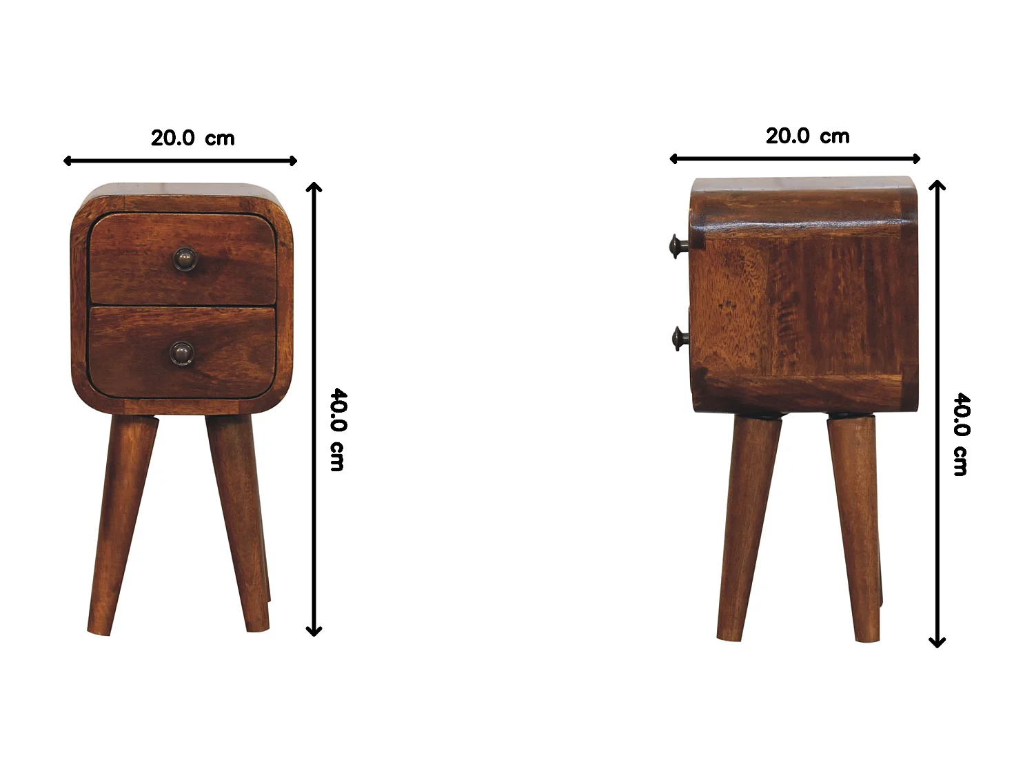 Ekstra Mini buet nattbord i kastanjetre fra Artisan Furniture, 2 skuffer, mørkebrunt