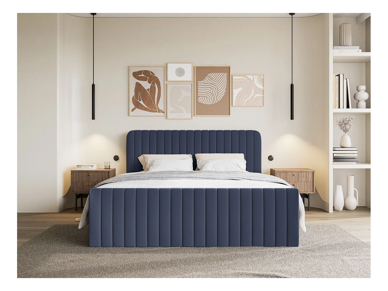 Lit continental avec surmatelas - 160x200 cm - chenille marine - SALIANO