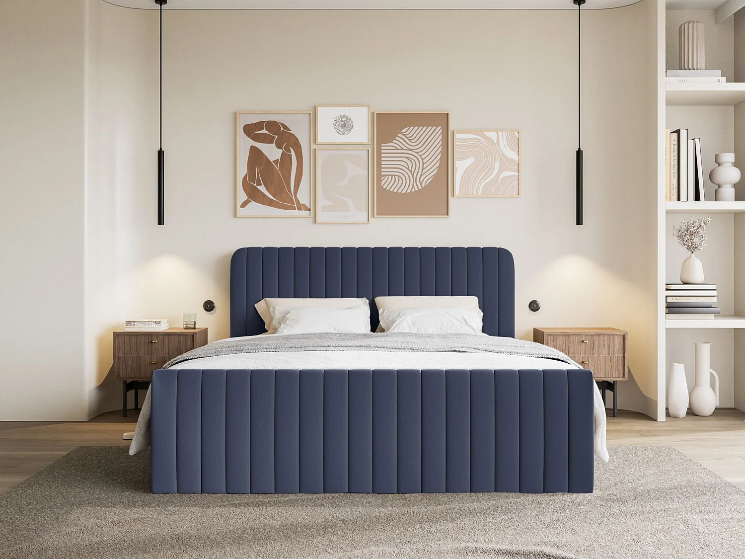 Lit continental avec surmatelas - 160x200 cm - chenille marine - SALIANO