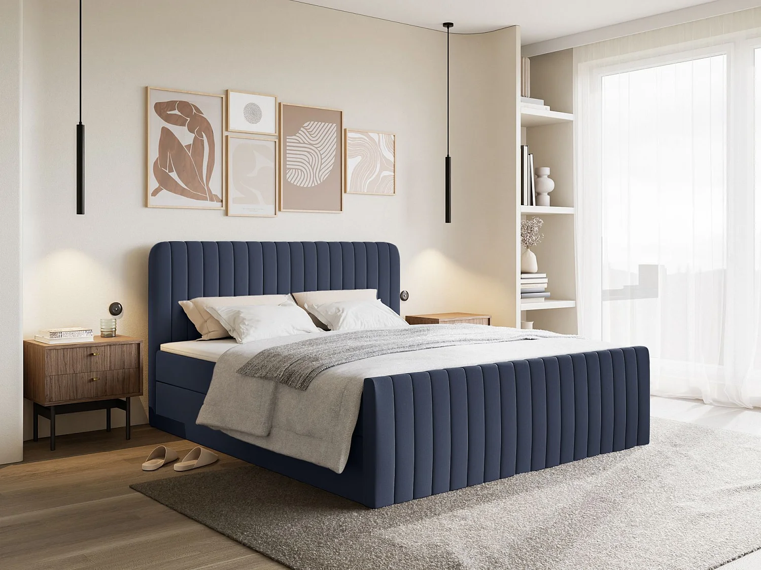 Lit continental avec surmatelas - 160x200 cm - chenille marine - SALIANO