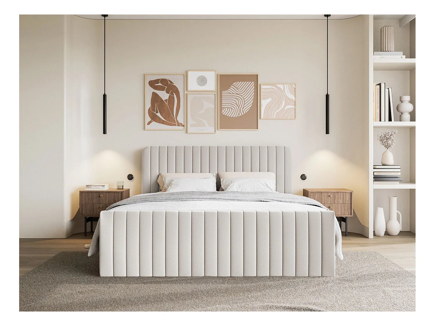 Lit continental avec surmatelas - 160x200 cm - chenille beige clair - SALIANO