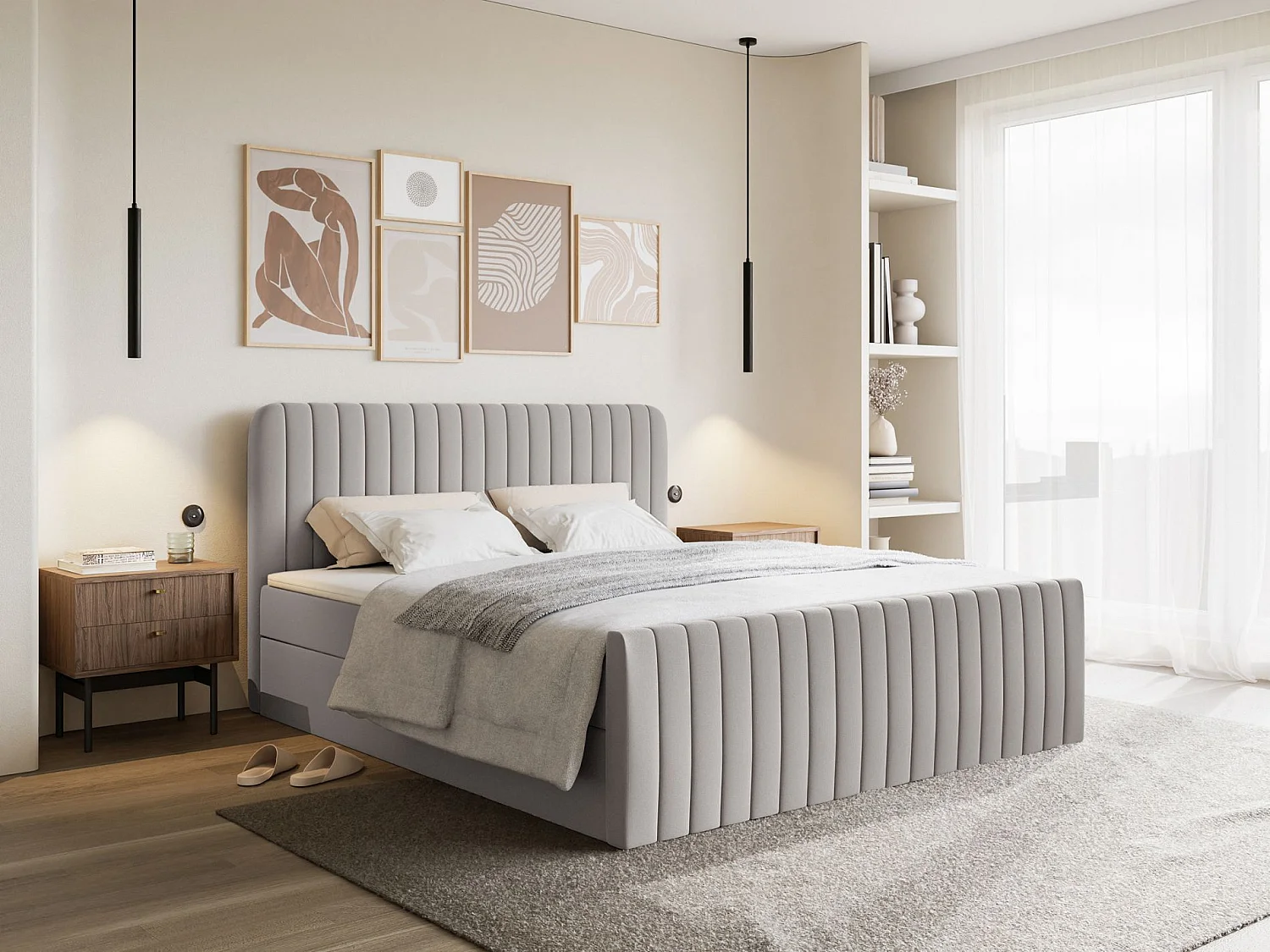 Lit continental avec surmatelas - 160x200 cm - chenille grège - SALIANO