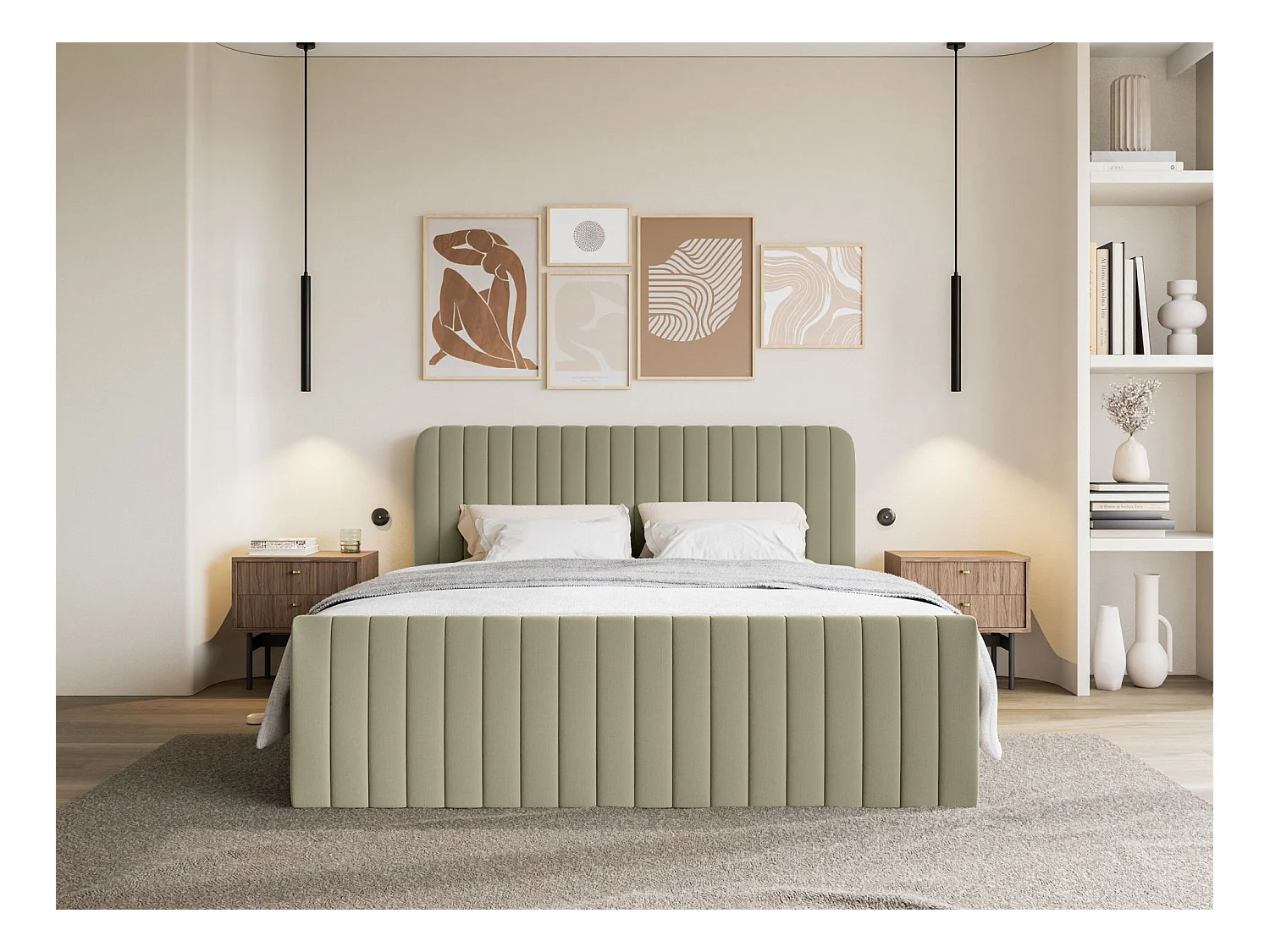 Lit continental avec surmatelas - 160x200 cm - chenille olive foncé - SALIANO
