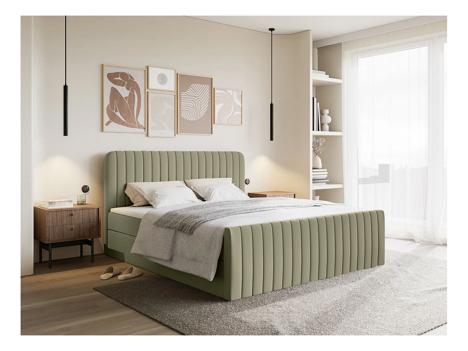 Lit continental avec surmatelas - 160x200 cm - chenille olive foncé - SALIANO