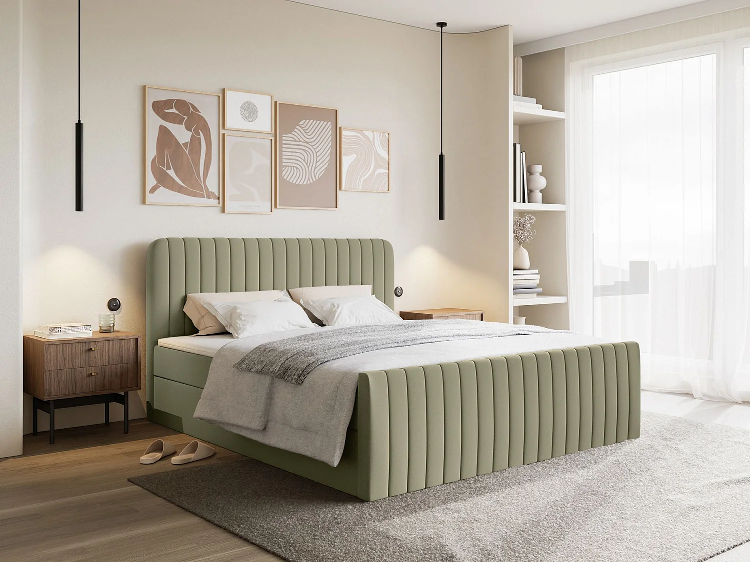 Lit continental avec surmatelas - 160x200 cm - chenille olive foncé - SALIANO