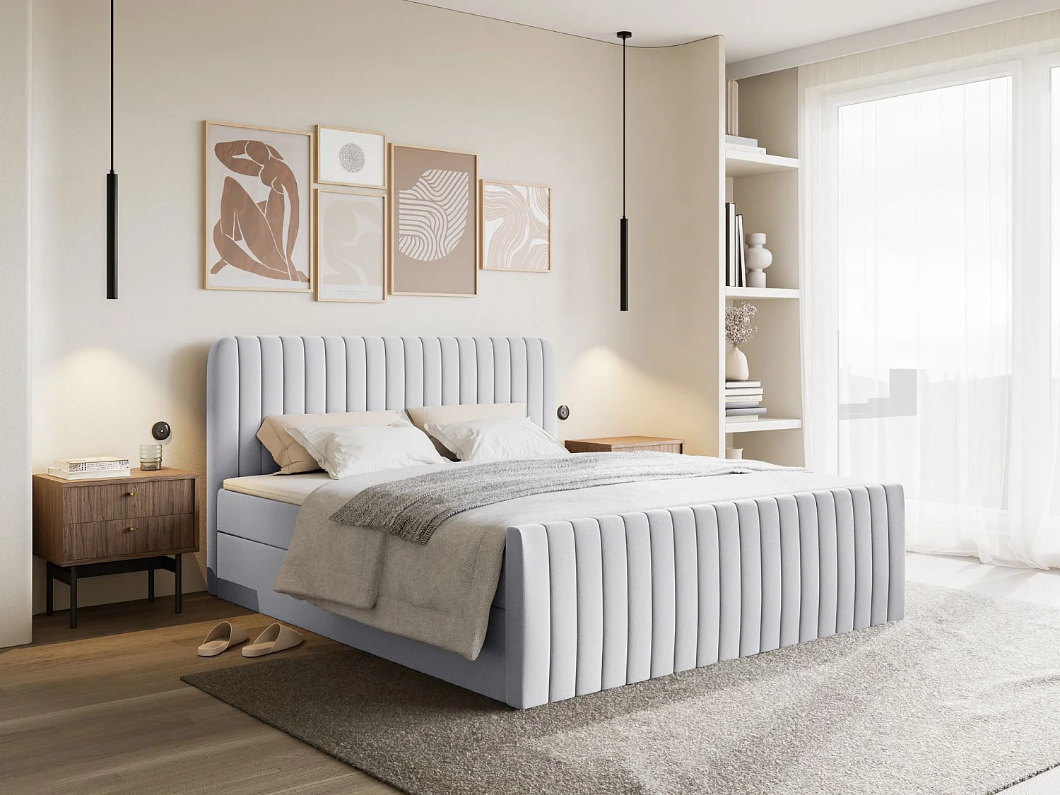 Lit continental avec surmatelas - 180x200 cm - chenille gris clair - SALIANO