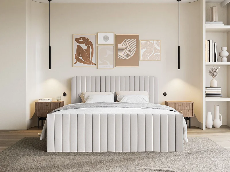 Continentaal bed met matrastopper - 180x200 cm - lichtgrijs chenille - SALIANO