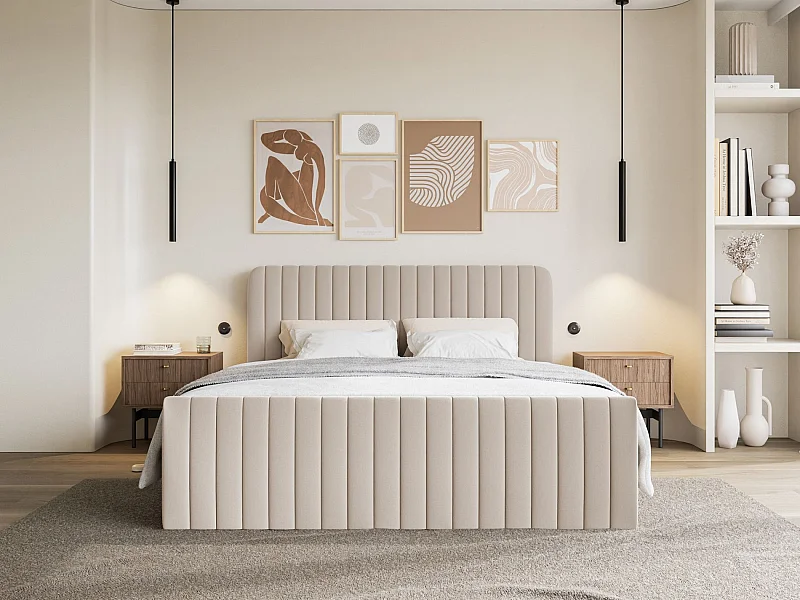 Continentaal bed met matrastopper - 160x200 cm - beige chenille - SALIANO
