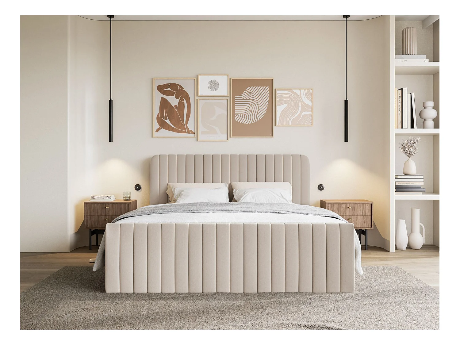 Lit continental avec surmatelas - 160x200 cm - chenille beige - SALIANO