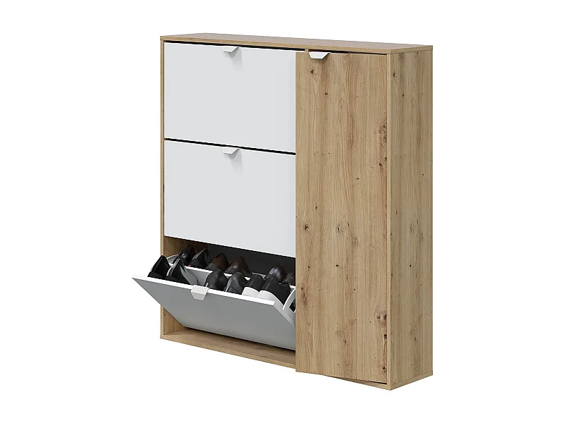 Meuble à chaussures, commode à chaussures avec 4 portes coloris Chêne nordique, blanc artik - hauteur 112 x longueur 105 x profondeur 24 cm