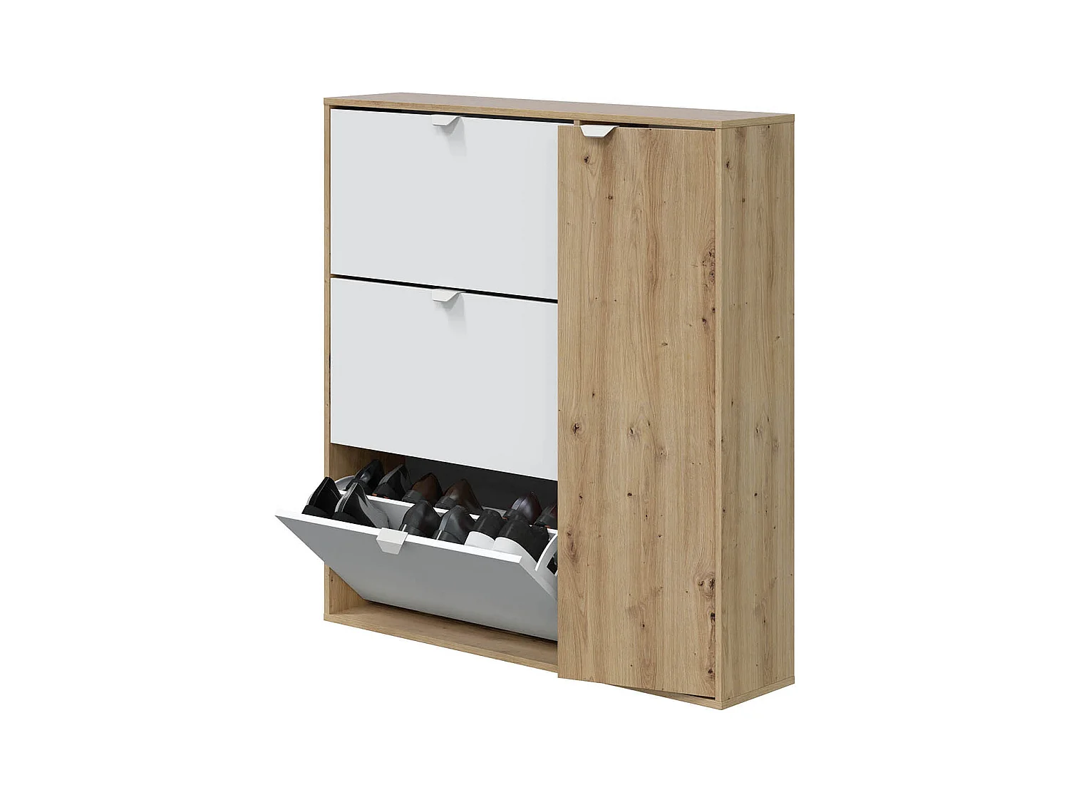 Meuble à chaussures, commode à chaussures avec 4 portes coloris Chêne nordique, blanc artik - hauteur 112 x longueur 105 x profondeur 24 cm