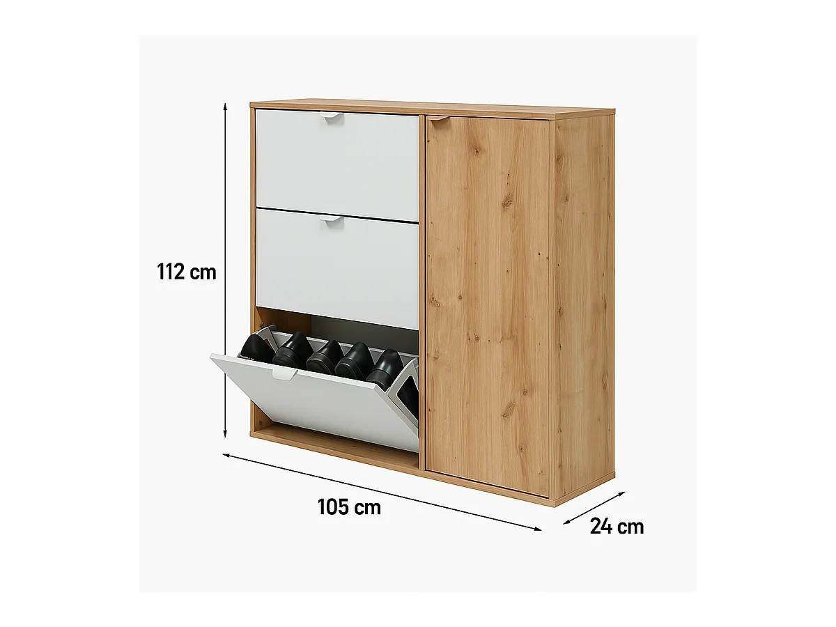 Meuble à chaussures, commode à chaussures avec 4 portes coloris Chêne nordique, blanc artik - hauteur 112 x longueur 105 x profondeur 24 cm