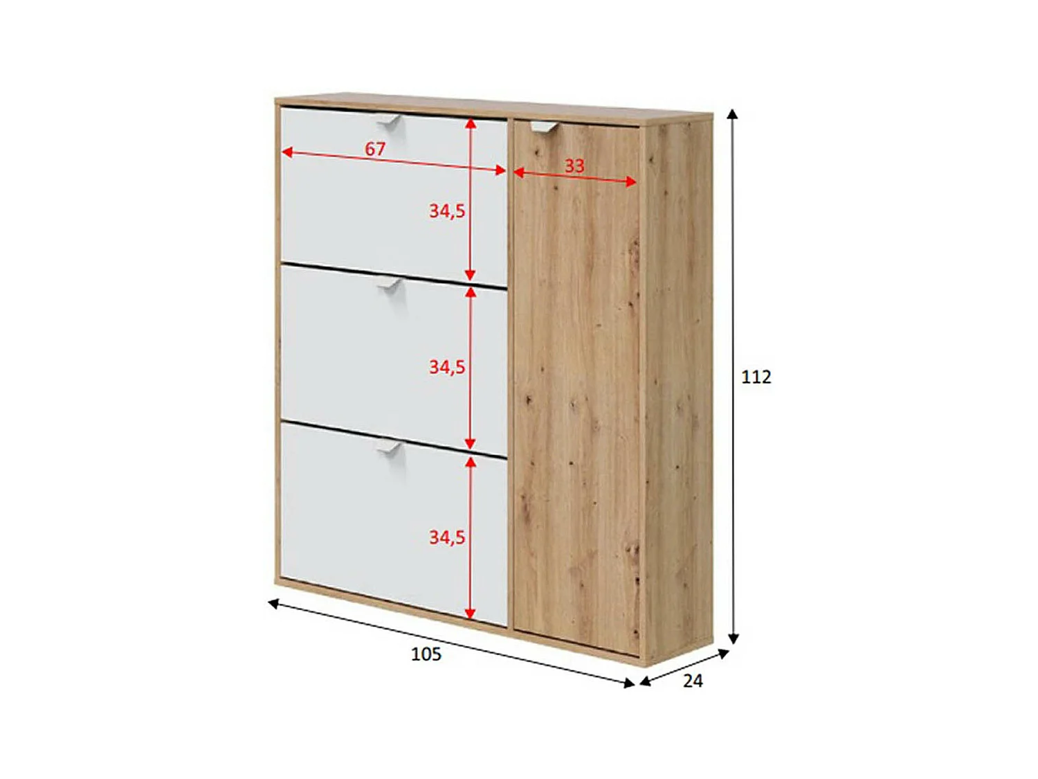 Meuble à chaussures, commode à chaussures avec 4 portes coloris Chêne nordique, blanc artik - hauteur 112 x longueur 105 x profondeur 24 cm