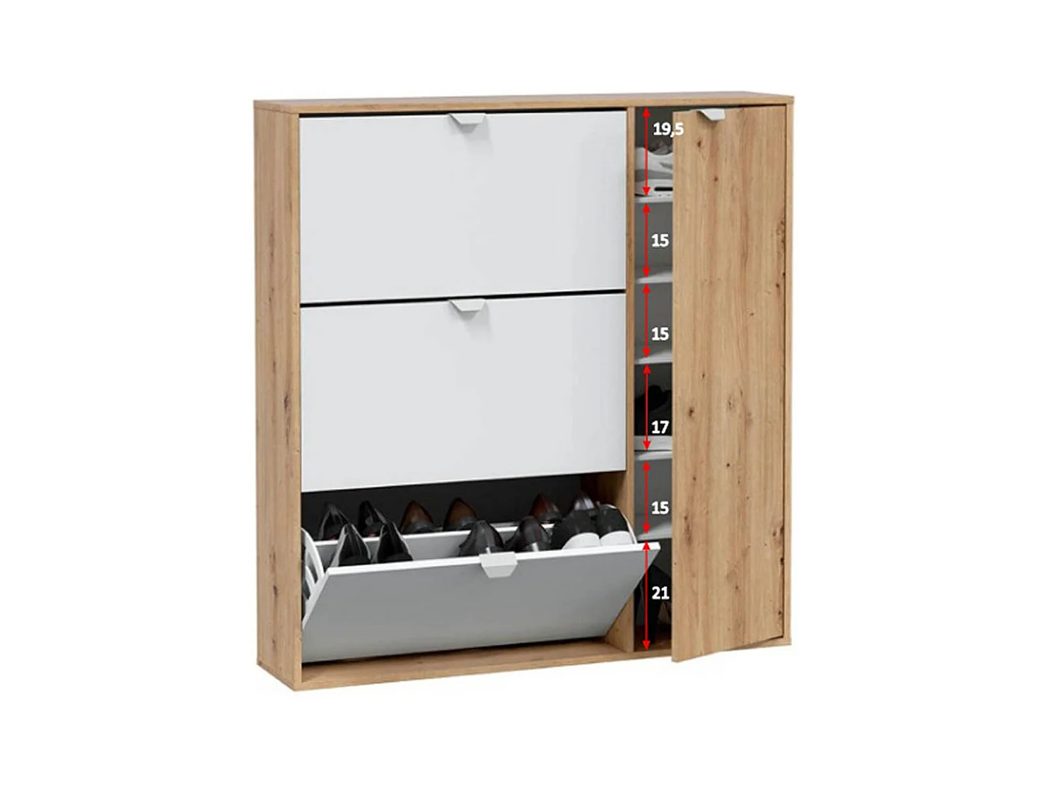 Meuble à chaussures, commode à chaussures avec 4 portes coloris Chêne nordique, blanc artik - hauteur 112 x longueur 105 x profondeur 24 cm