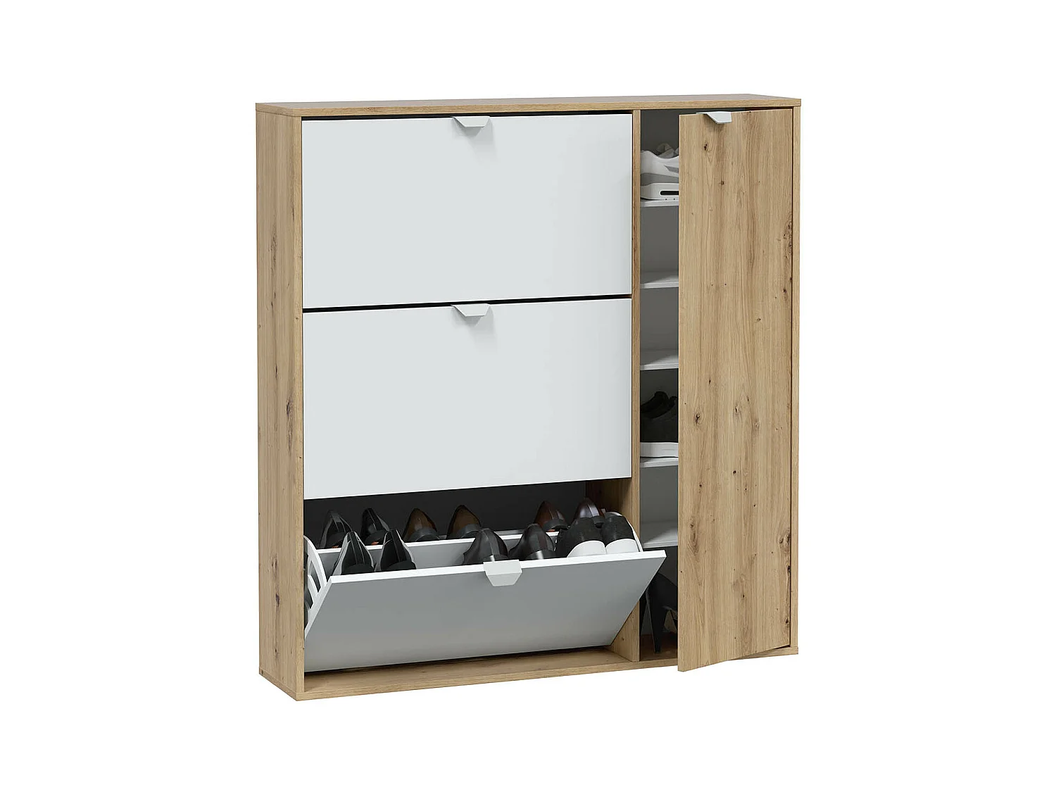 Meuble à chaussures, commode à chaussures avec 4 portes coloris Chêne nordique, blanc artik - hauteur 112 x longueur 105 x profondeur 24 cm