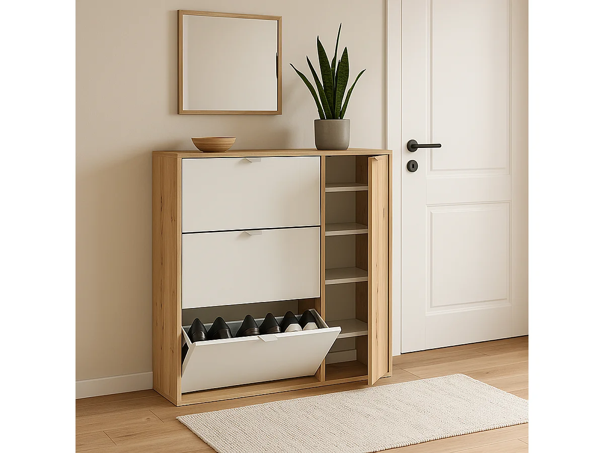 Meuble à chaussures, commode à chaussures avec 4 portes coloris Chêne nordique, blanc artik - hauteur 112 x longueur 105 x profondeur 24 cm