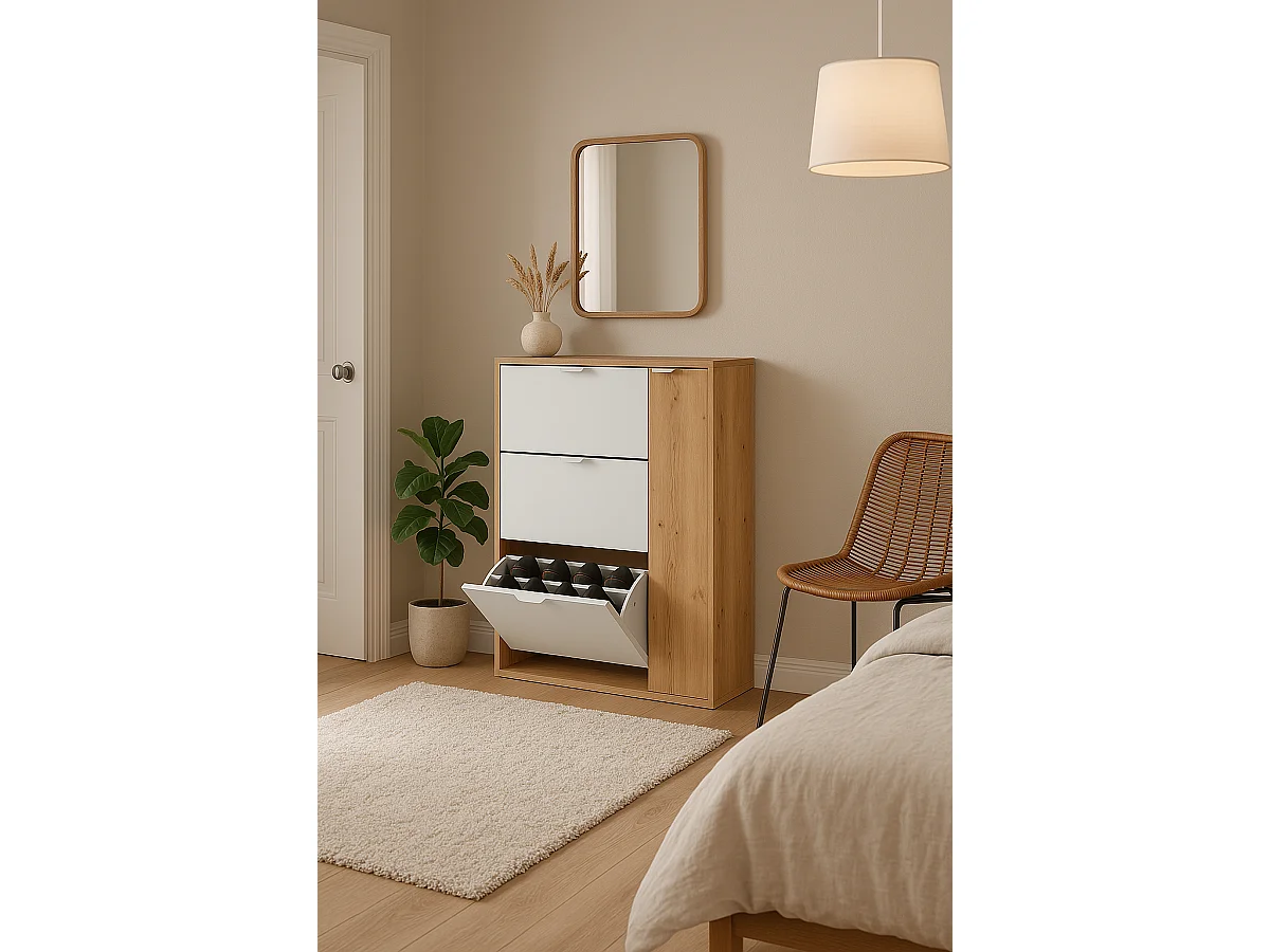 Meuble à chaussures, commode à chaussures avec 4 portes coloris Chêne nordique, blanc artik - hauteur 112 x longueur 105 x profondeur 24 cm