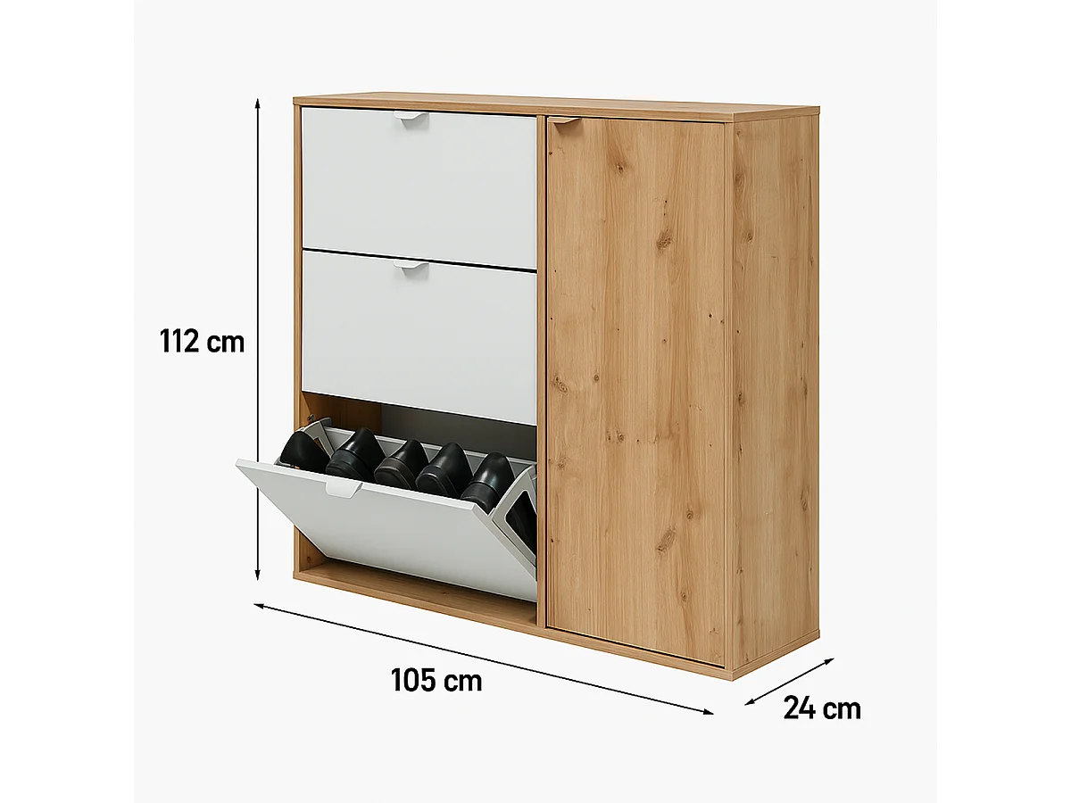 Meuble à chaussures, commode à chaussures avec 4 portes coloris Chêne nordique, blanc artik - hauteur 112 x longueur 105 x profondeur 24 cm