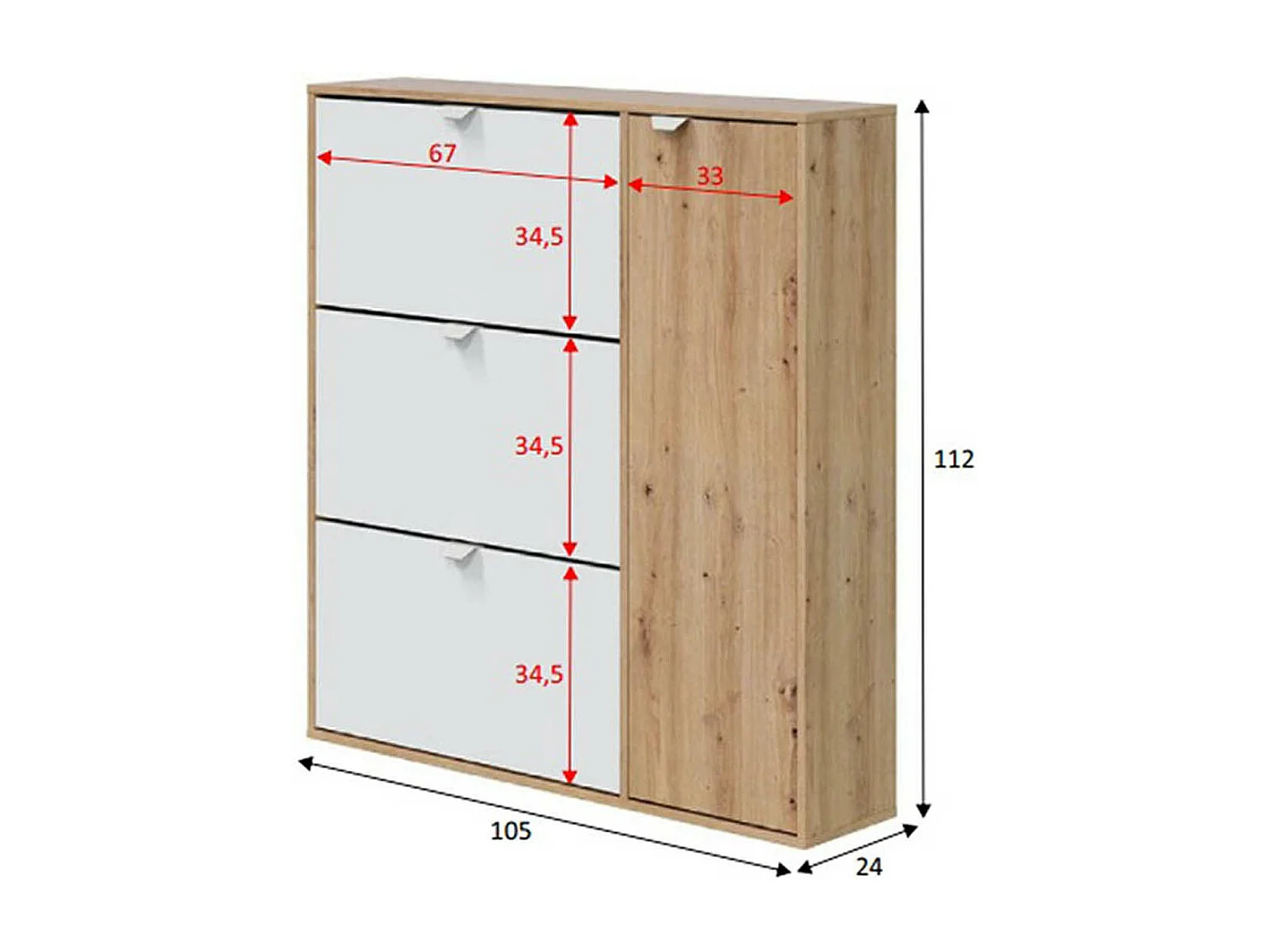 Meuble à chaussures, commode à chaussures avec 4 portes coloris Chêne nordique, blanc artik - hauteur 112 x longueur 105 x profondeur 24 cm