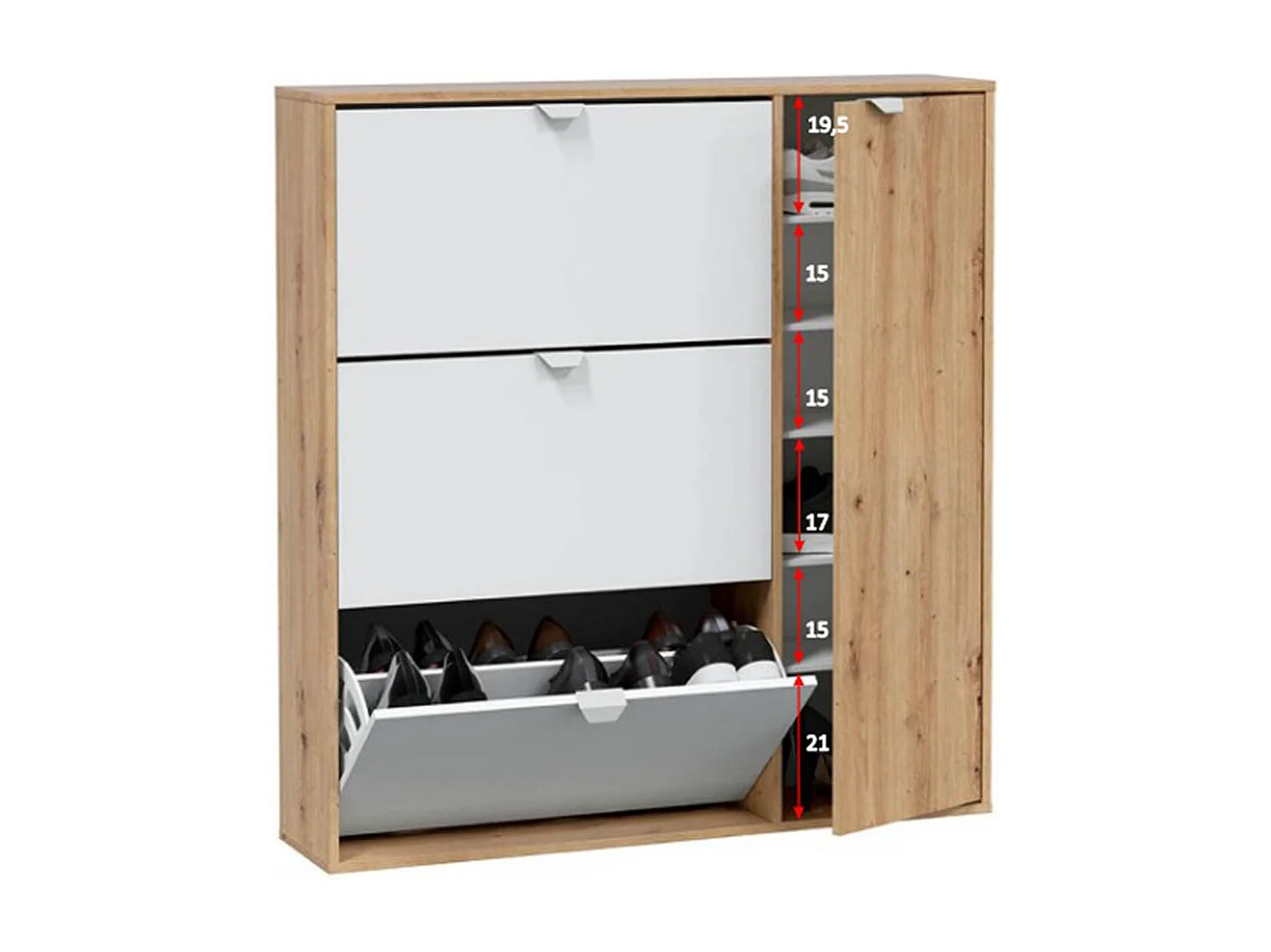 Meuble à chaussures, commode à chaussures avec 4 portes coloris Chêne nordique, blanc artik - hauteur 112 x longueur 105 x profondeur 24 cm