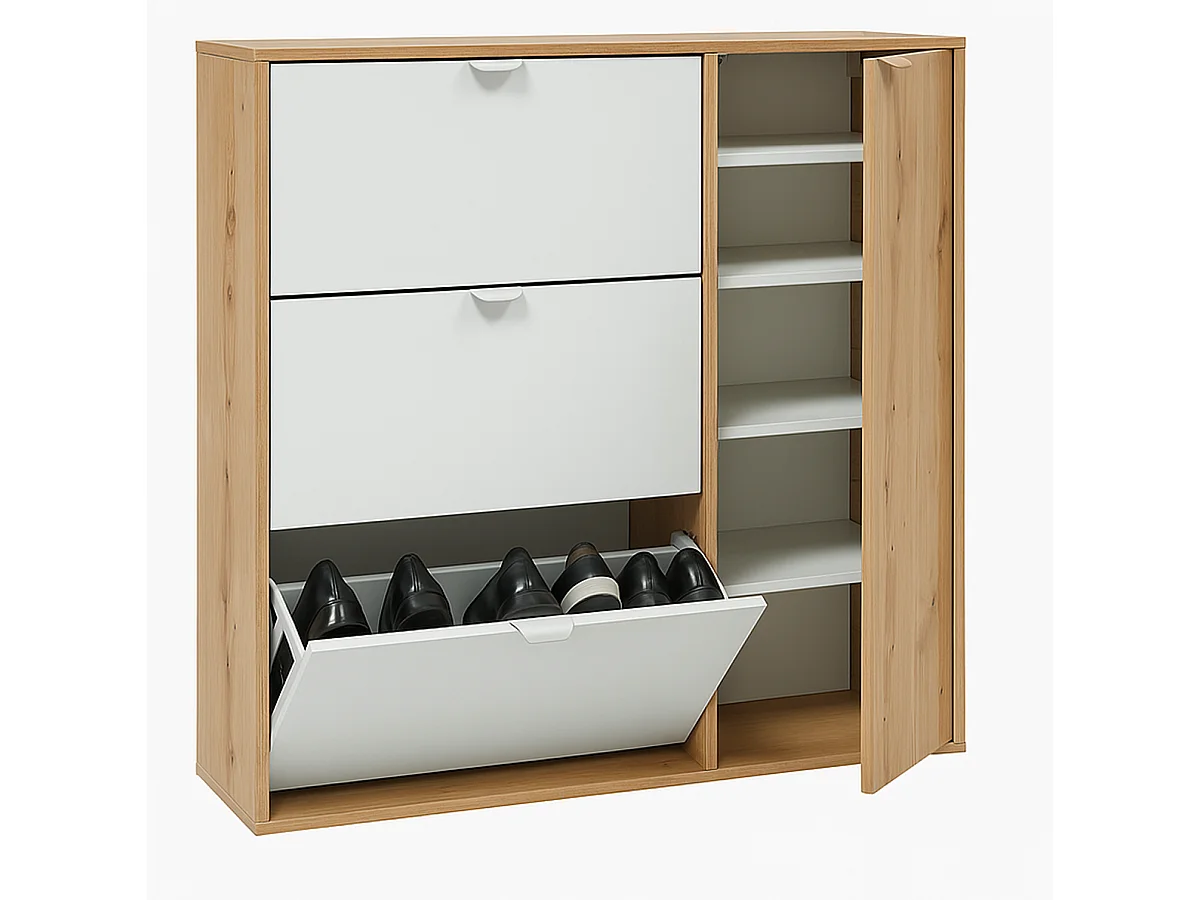 Meuble à chaussures, commode à chaussures avec 4 portes coloris Chêne nordique, blanc artik - hauteur 112 x longueur 105 x profondeur 24 cm
