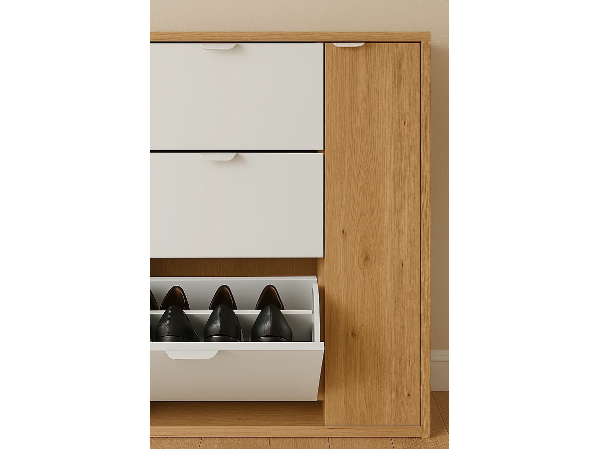 Meuble à chaussures, commode à chaussures avec 4 portes coloris Chêne nordique, blanc artik - hauteur 112 x longueur 105 x profondeur 24 cm