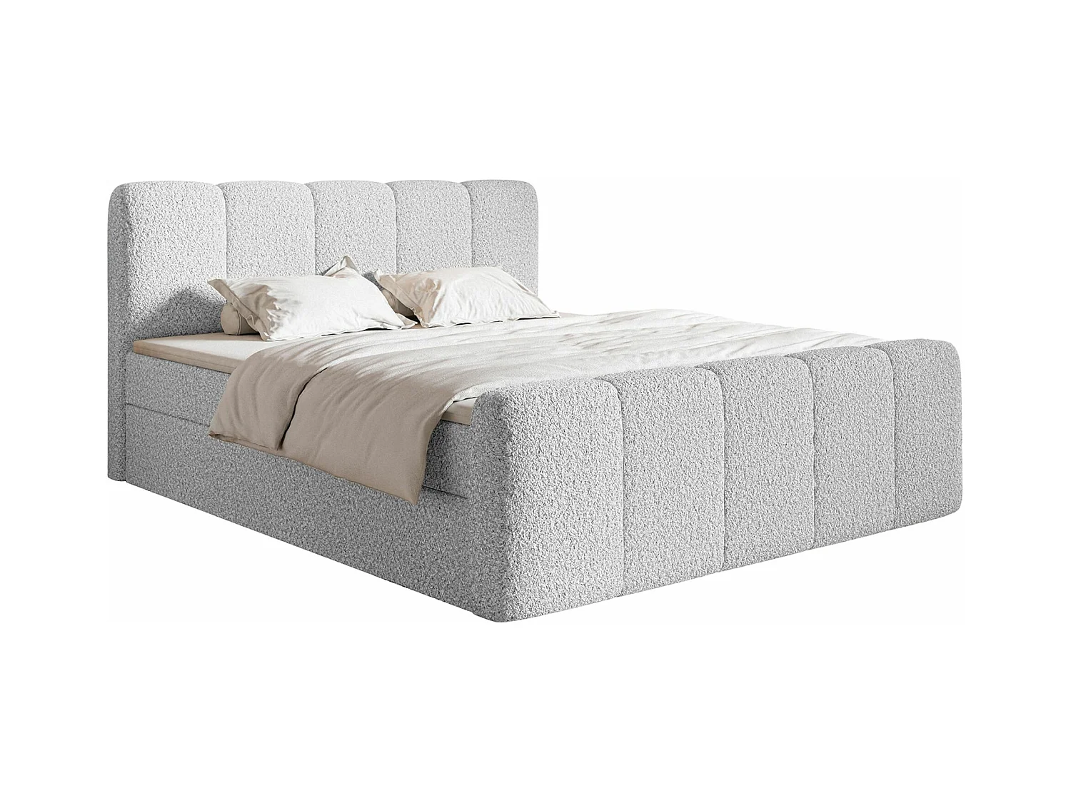 Lit continental - 160x200 cm - en tissu bouclé gris clair - CLOUDY II