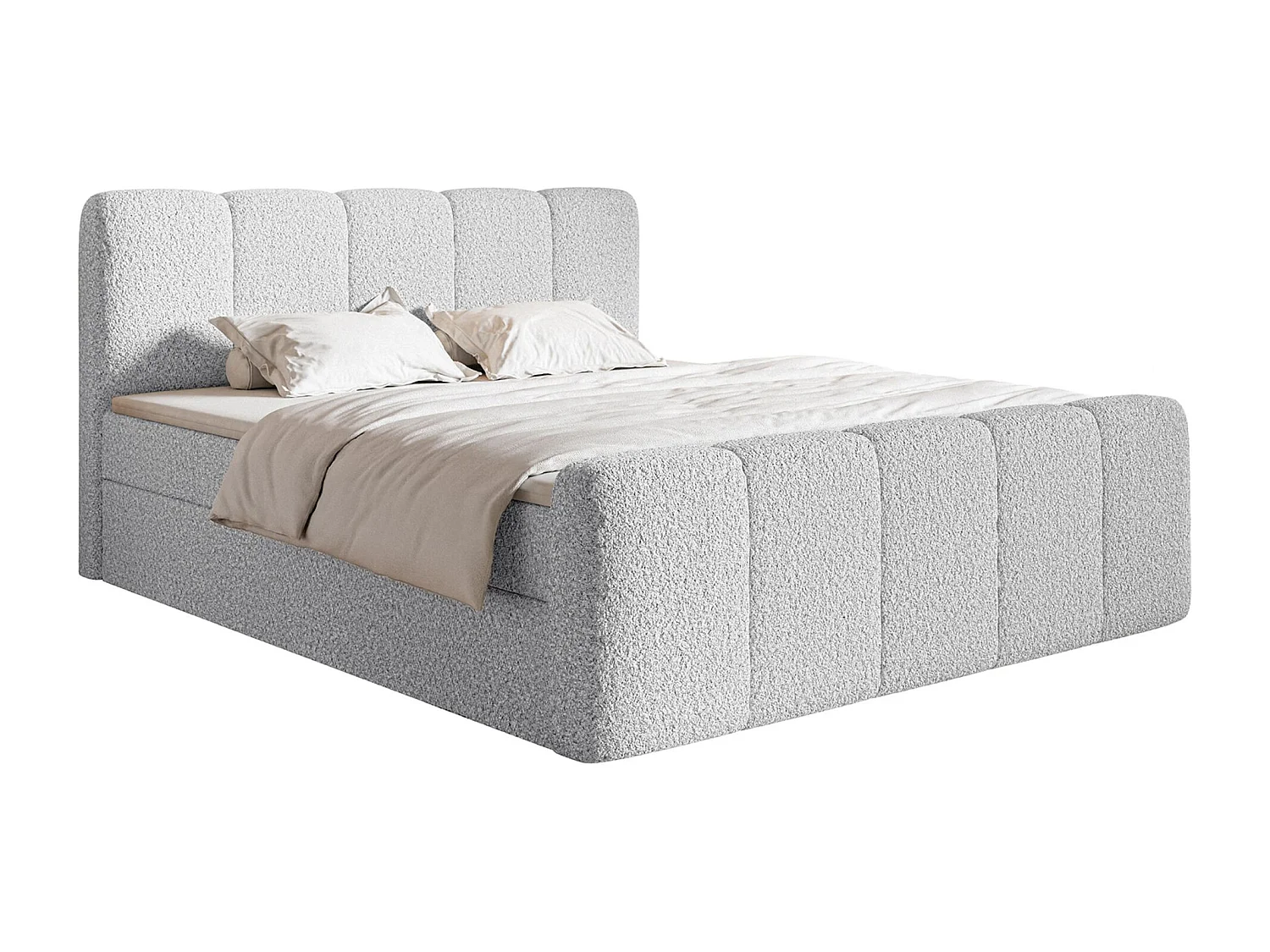 Lit continental - 160x200 cm - en tissu bouclé gris clair - CLOUDY II