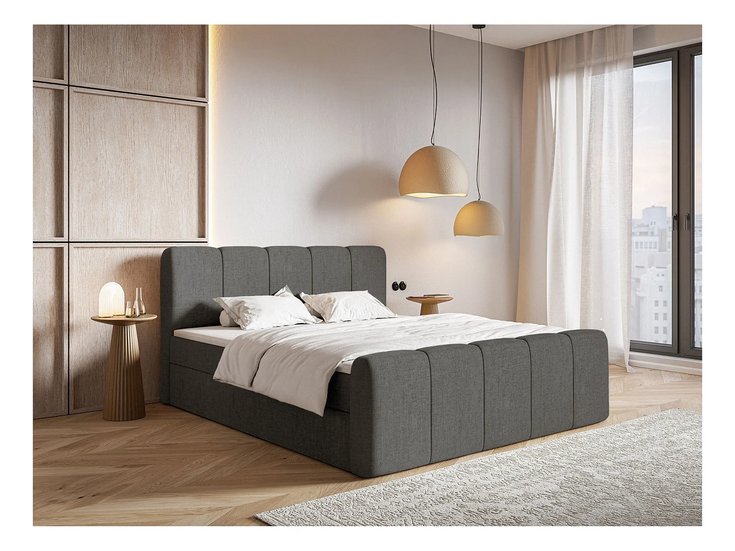 Lit continental avec surmatelas - 140x200 cm - chenille gris foncé - CLOUDY II