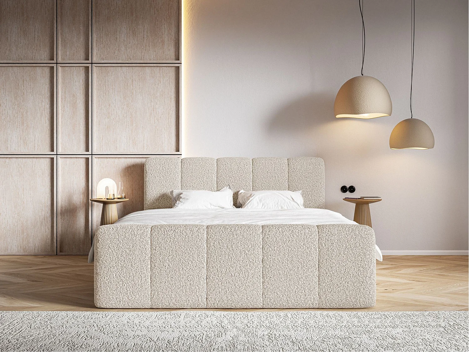 Lit continental - 140x200 cm - en tissu bouclé beige clair - CLOUDY II