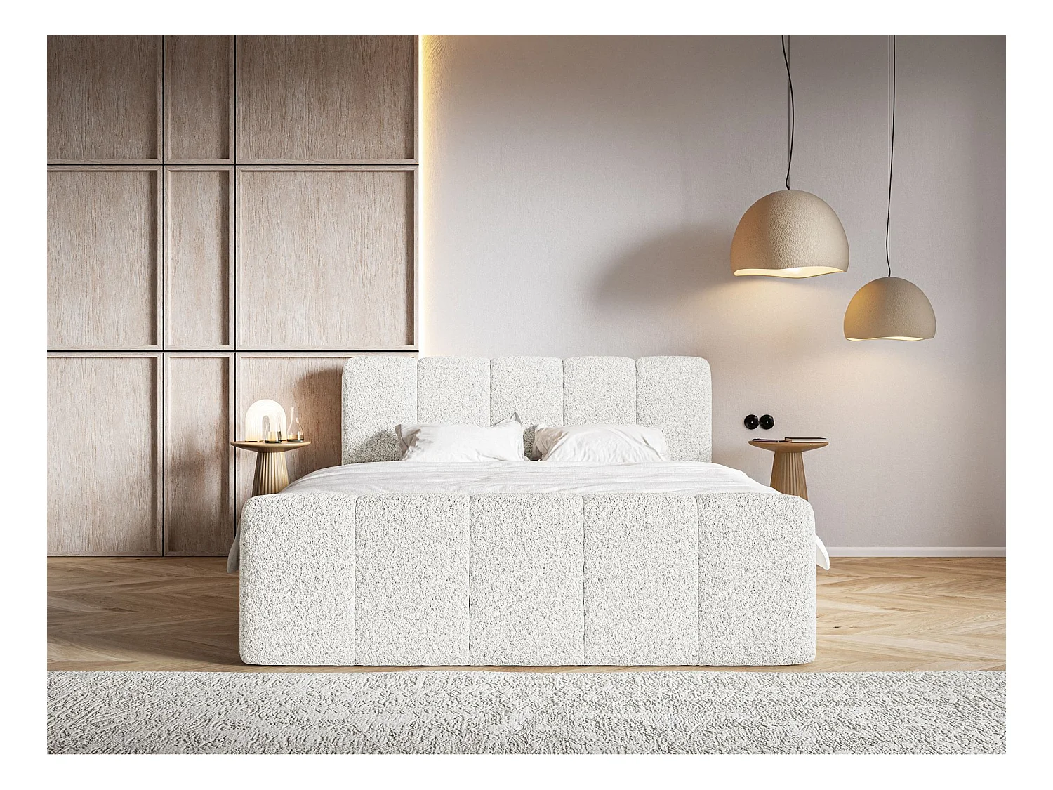 Lit continental - 160x200 cm - en tissu bouclé crème - CLOUDY II