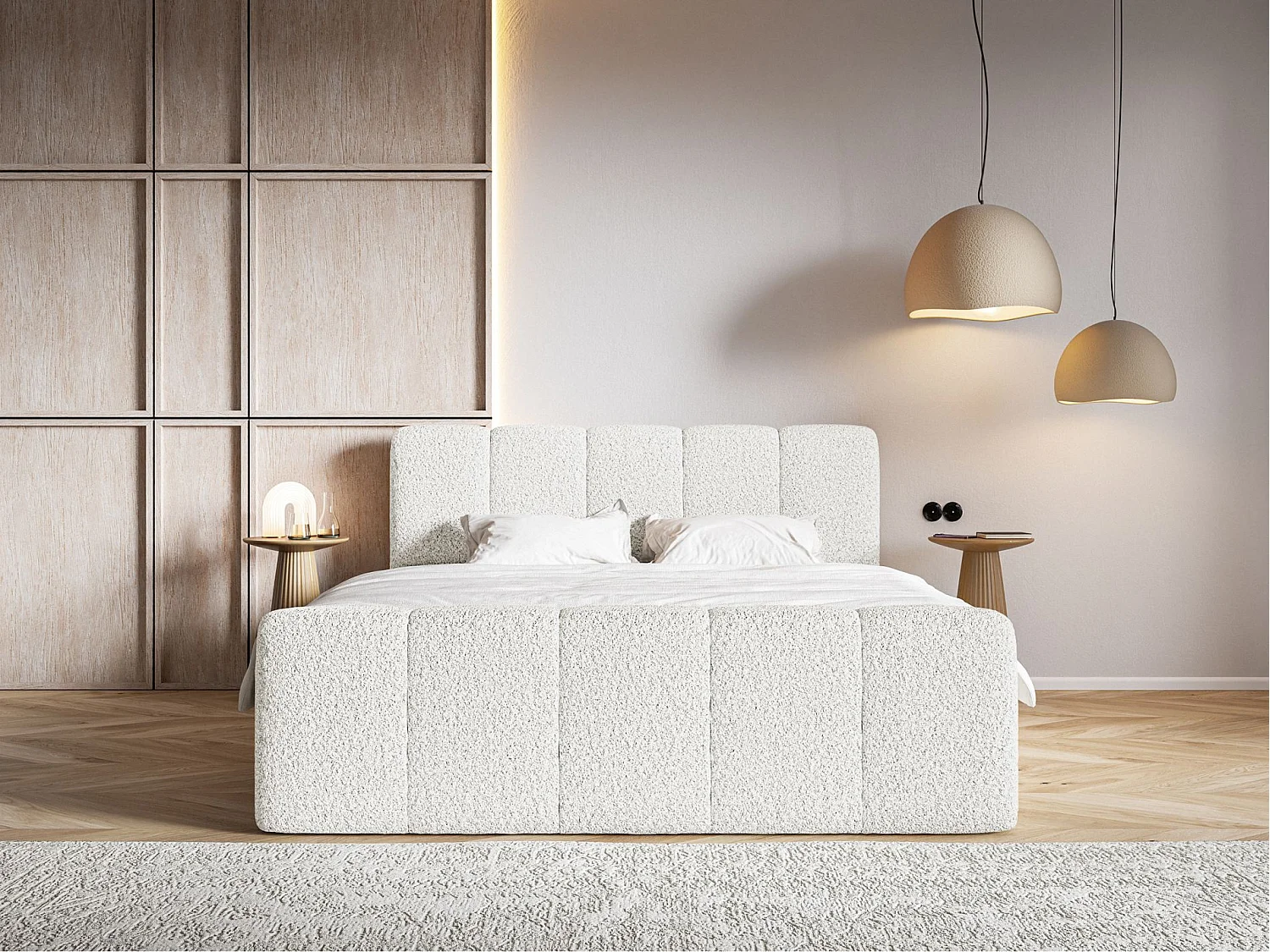Lit continental - 160x200 cm - en tissu bouclé crème - CLOUDY II