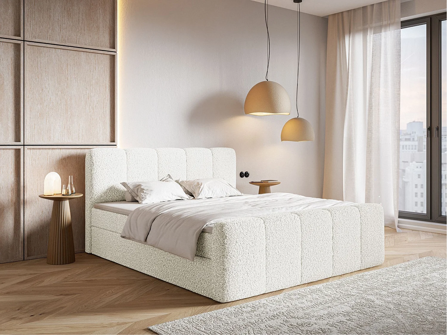 Lit continental - 160x200 cm - en tissu bouclé crème - CLOUDY II