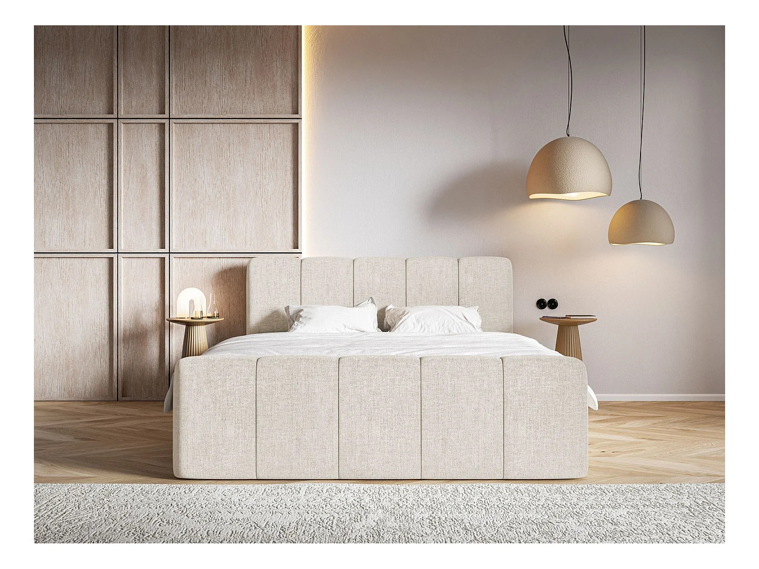 Lit continental avec surmatelas - 180x200 cm - chenille beige clair - CLOUDY II