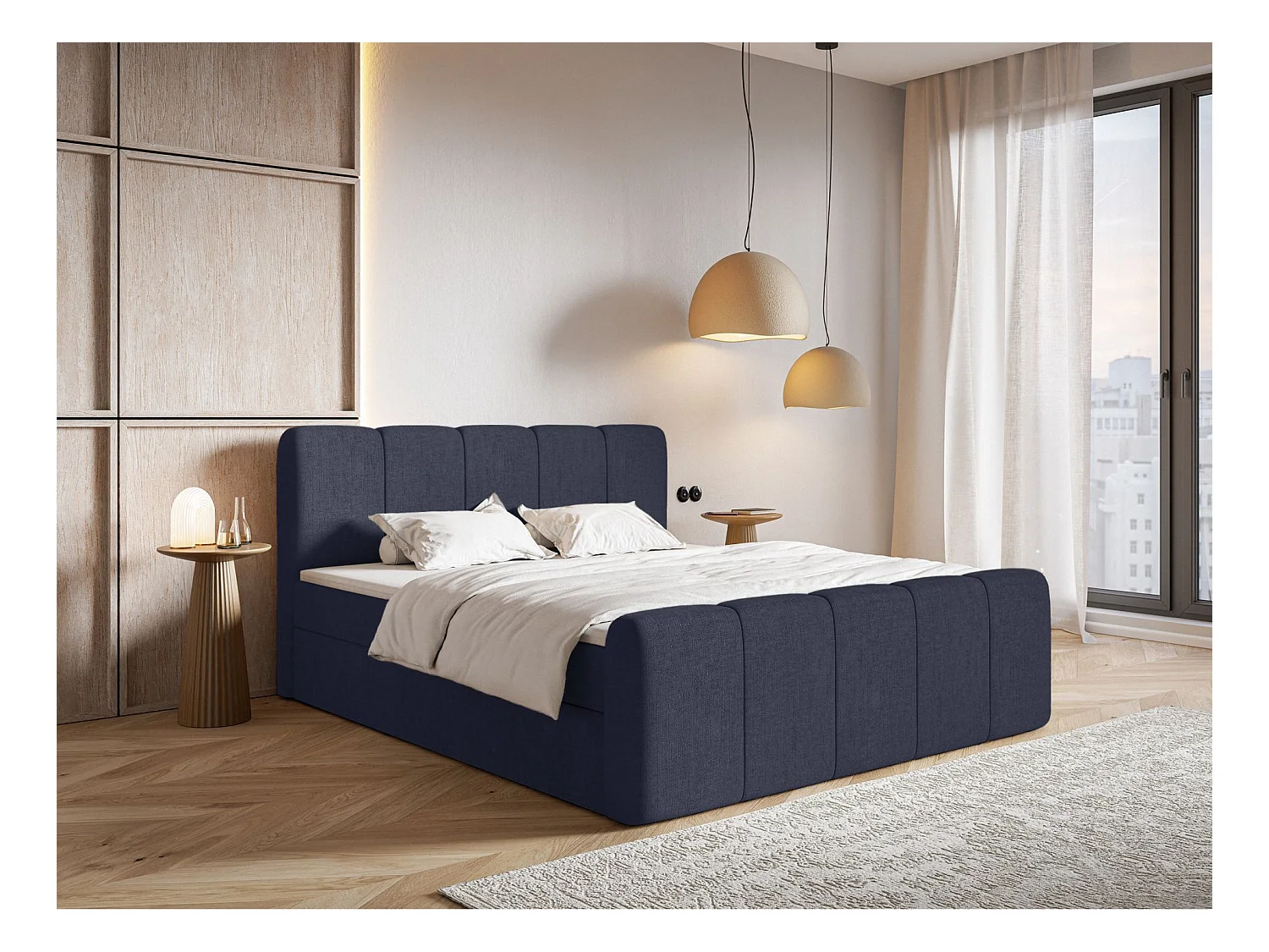 Continentaal bed met matrastopper - 180x200 cm - marineblauw chenille - CLOUDY II