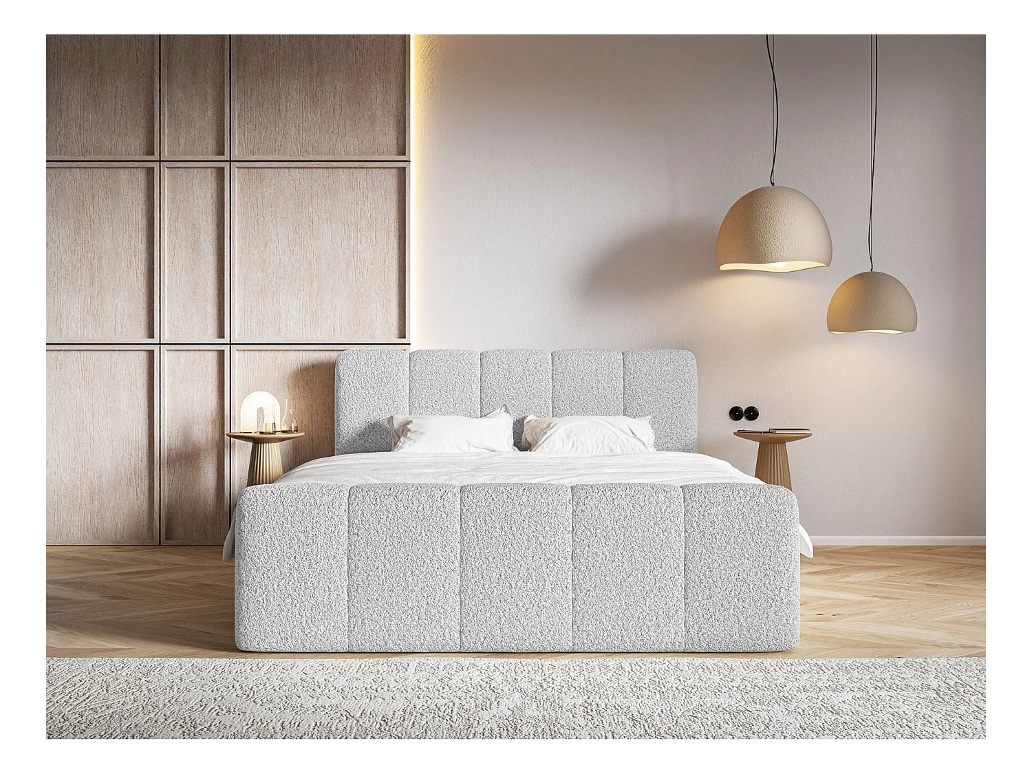 Lit continental - 140x200 cm - en tissu bouclé gris clair - CLOUDY II