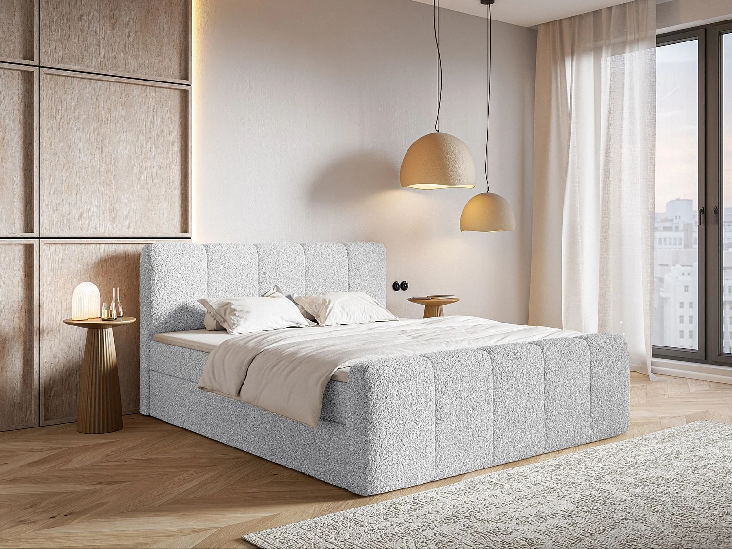 Lit continental - 140x200 cm - en tissu bouclé gris clair - CLOUDY II