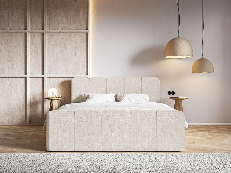 Lit continental avec surmatelas - 140x200 cm - chenille beige clair - CLOUDY II