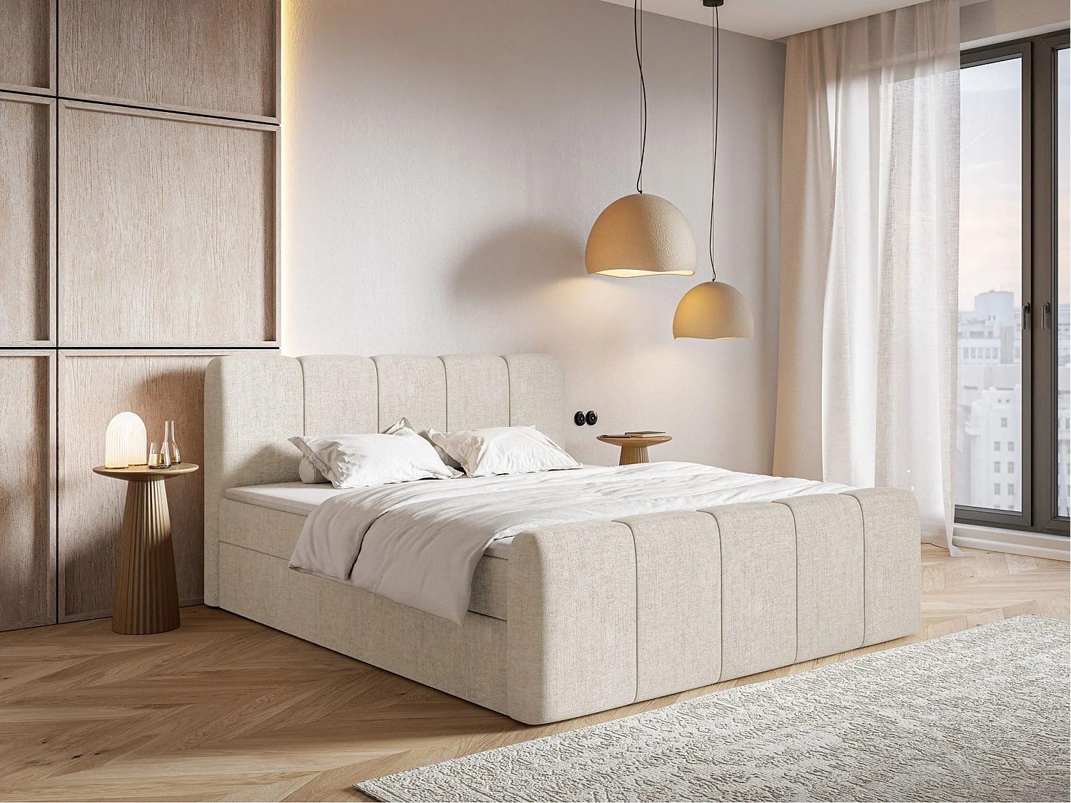 Boxspringbett 140x200 - mit Bettkästen und Topper - Chenille Hellbeige - CLOUDY II