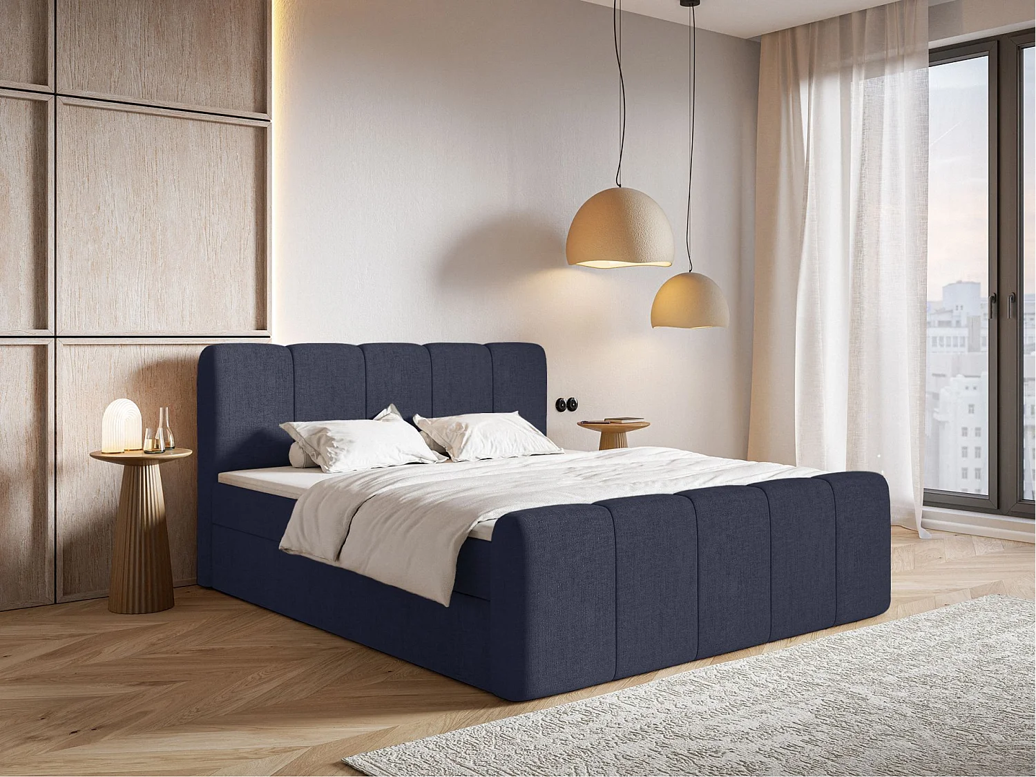 Boxspringbett 140x200 - mit Bettkästen und Topper - Chenille Marineblau - CLOUDY II