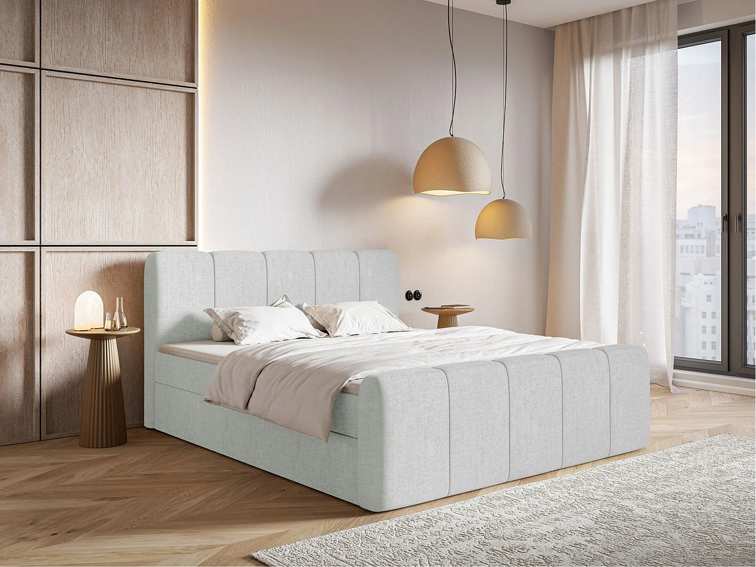 Boxspringbett 140x200 - mit Bettkästen und Topper - Chenille Hellgrau - CLOUDY II