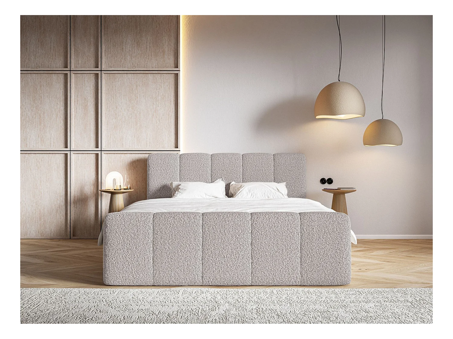 Lit continental - 160x200 cm - en tissu bouclé taupe - CLOUDY II